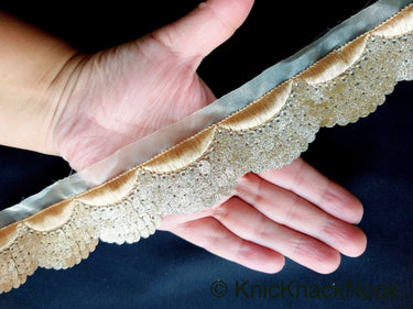 Beige Sheer Fabric Trim Embroidered With Beige Silk Thread And Glitter Gold Sequins, Approx. 40mm Wide - 210119L22
